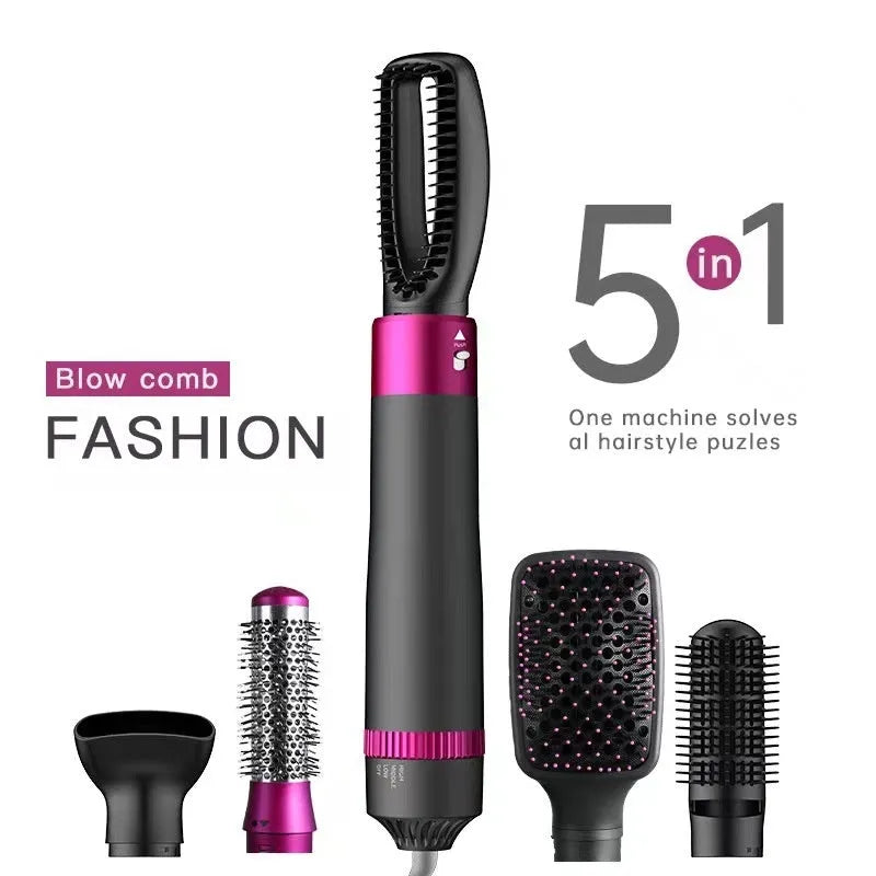 Dyson Grey coloured 5-in-1 hair dryer brush with multiple brush heads displayed beside the main unit.