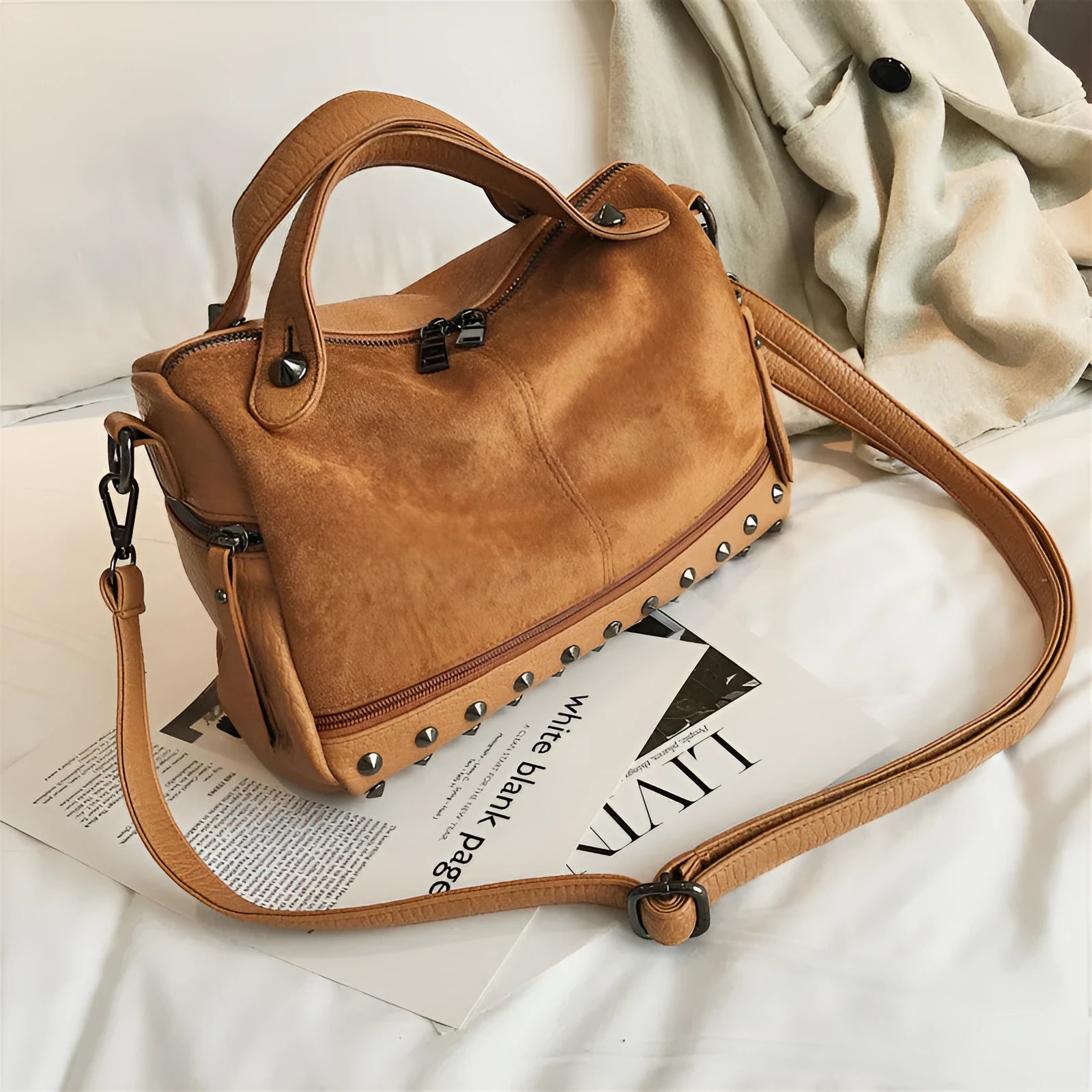 Soft PU leather women's tote shoulder bag with large capacity and zip closure in black, brown, or grey colour options
