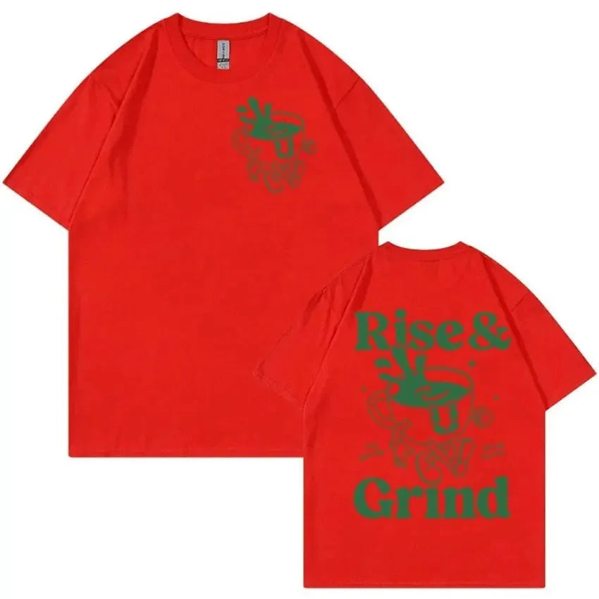 Loose-fit men's t-shirt with 'Rise and Grind' green coffee cartoon graphic in linen blend fabric