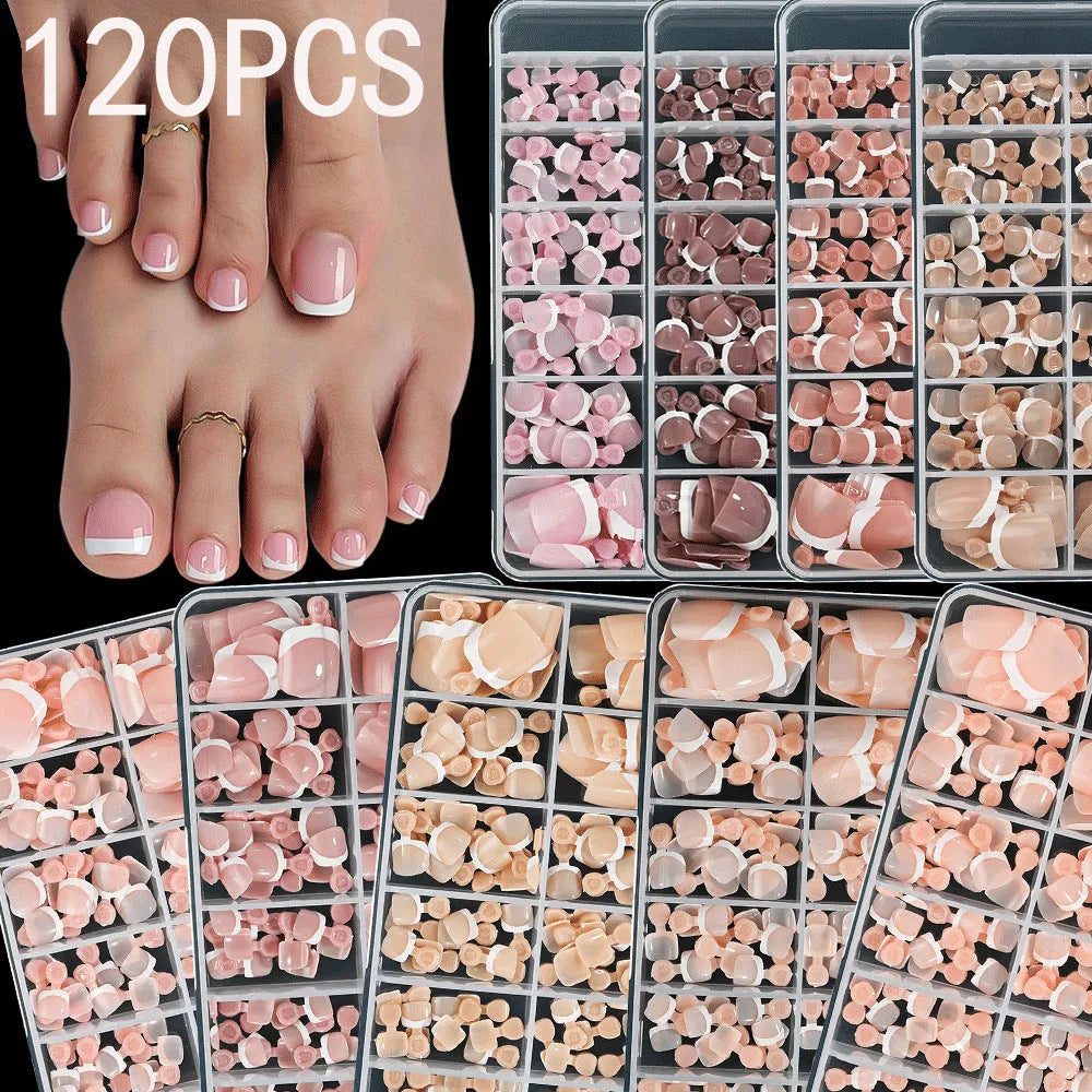 French white edge feet nude full square short artificial nail pieces 120pc boxed set showing multiple nude colour shades
