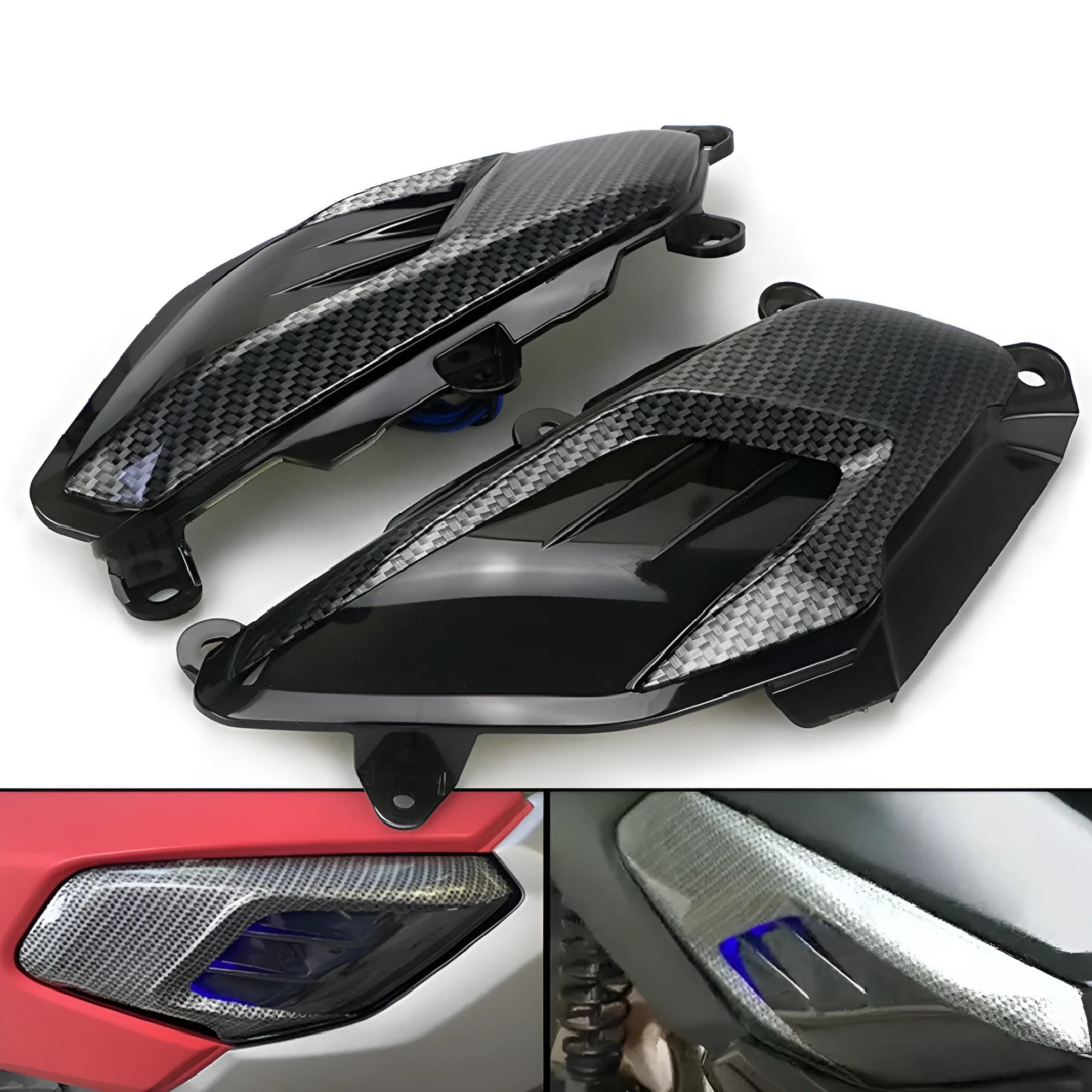 Pair of Yamaha NMAX replacement LED side lamps with carbon fibre decoration, showing blue or red light option.