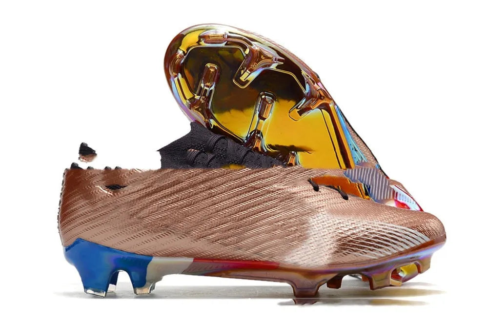 Men's black football shoes with FG studs, knitted upper, and lace-up closure on grass pitch