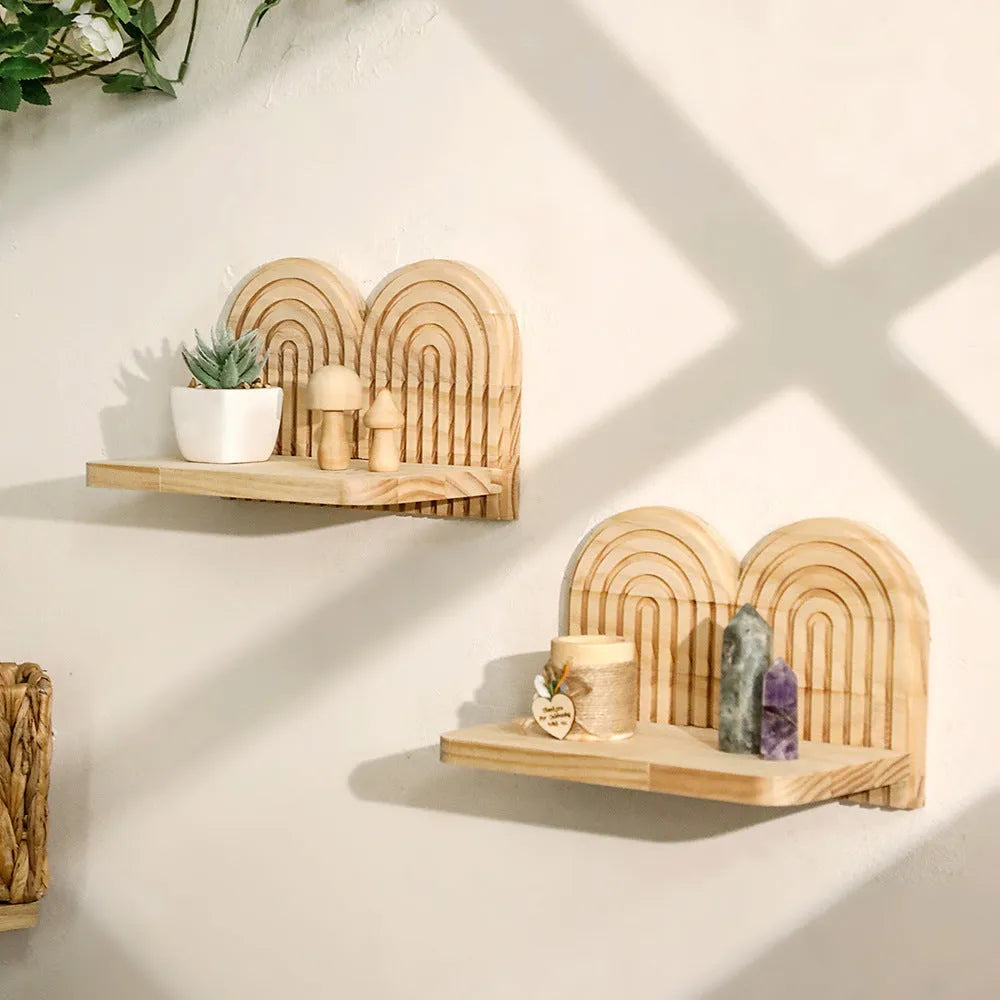 Solid wood wall-mounted flower pot storage rack with multiple shelf layers for plant organisation