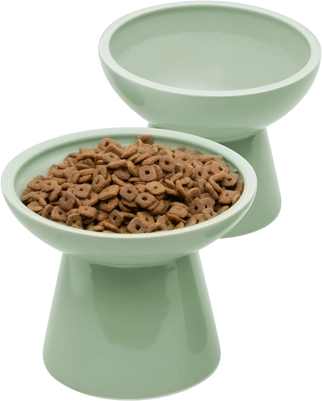 Blue wide ceramic elevated cat food bowl on a white background.