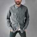 A cotton denim cardigan coat on a hanger, shown in a regular fit.