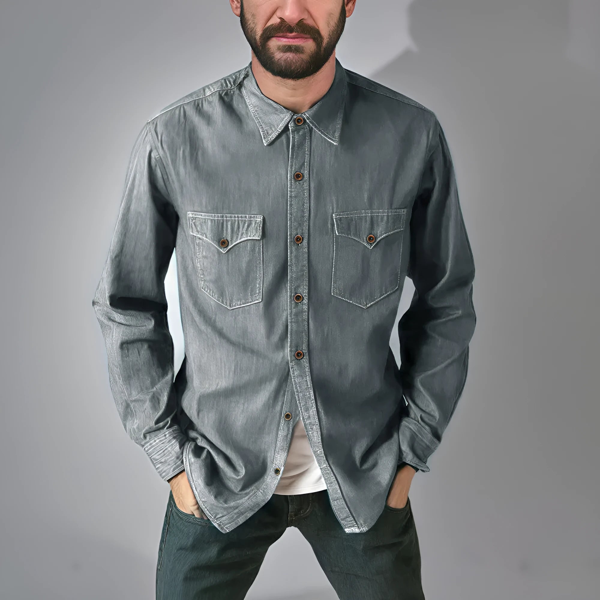A cotton denim cardigan coat on a hanger, shown in a regular fit.