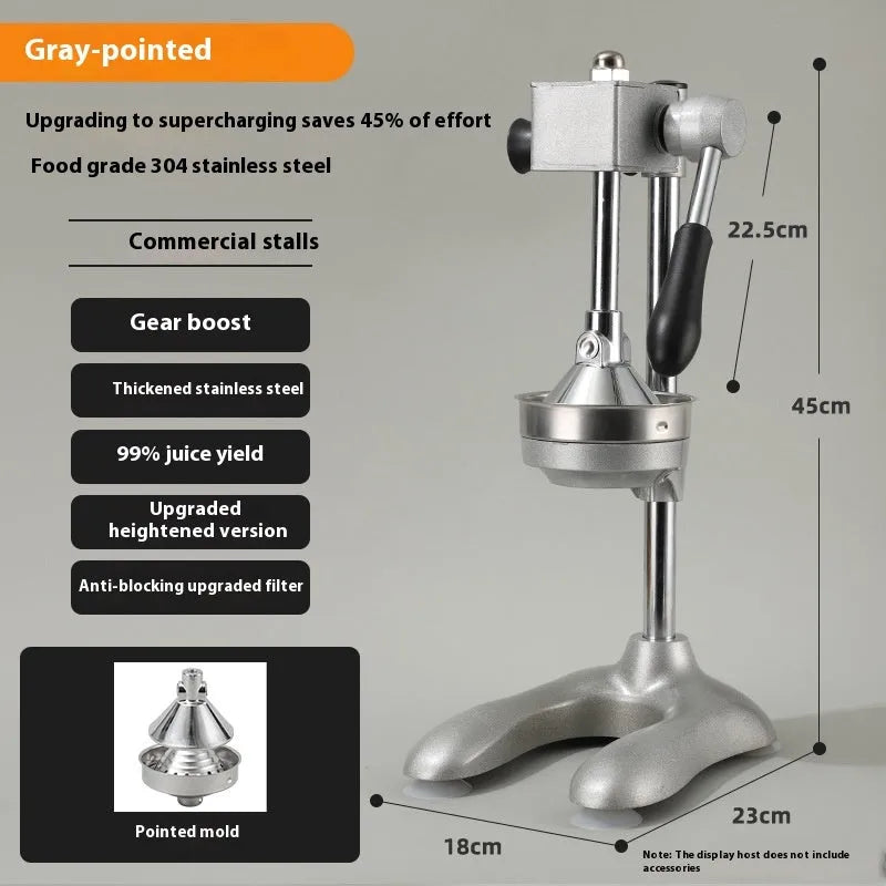 Vertical stainless steel manual juicer on zinc alloy base, showing colour and head style options.
