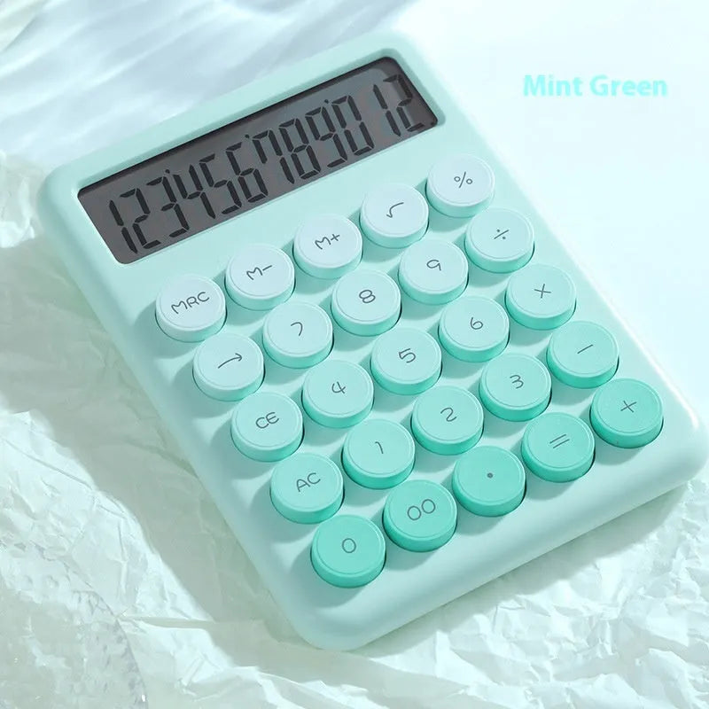 Desk calculator with gradient colour finish and 12-digit solar-powered display.