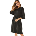 Elastic waist short dress with long sleeves and belt in solid black or red polyester A-line style