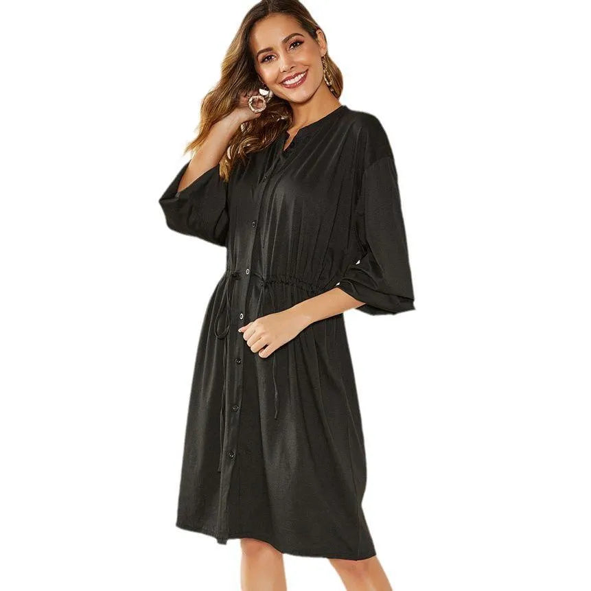 Elastic waist short dress with long sleeves and belt in solid black or red polyester A-line style