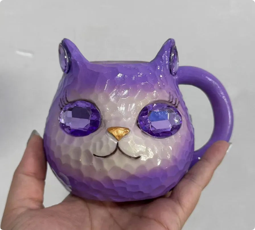 Translucent resin cat cup ornament in American style, shown in purple, green, blue, and pink colour options.