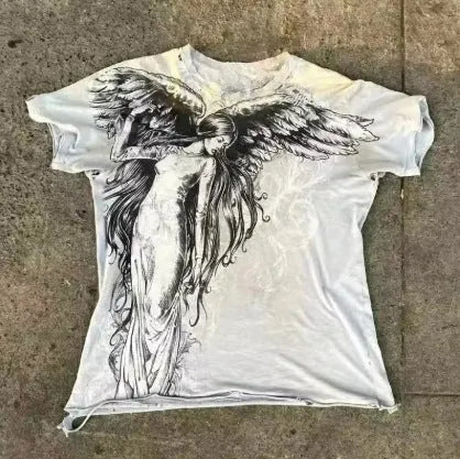 Gothic cartoon print men's short-sleeve casual top in colour HQ929 on a size chart background.