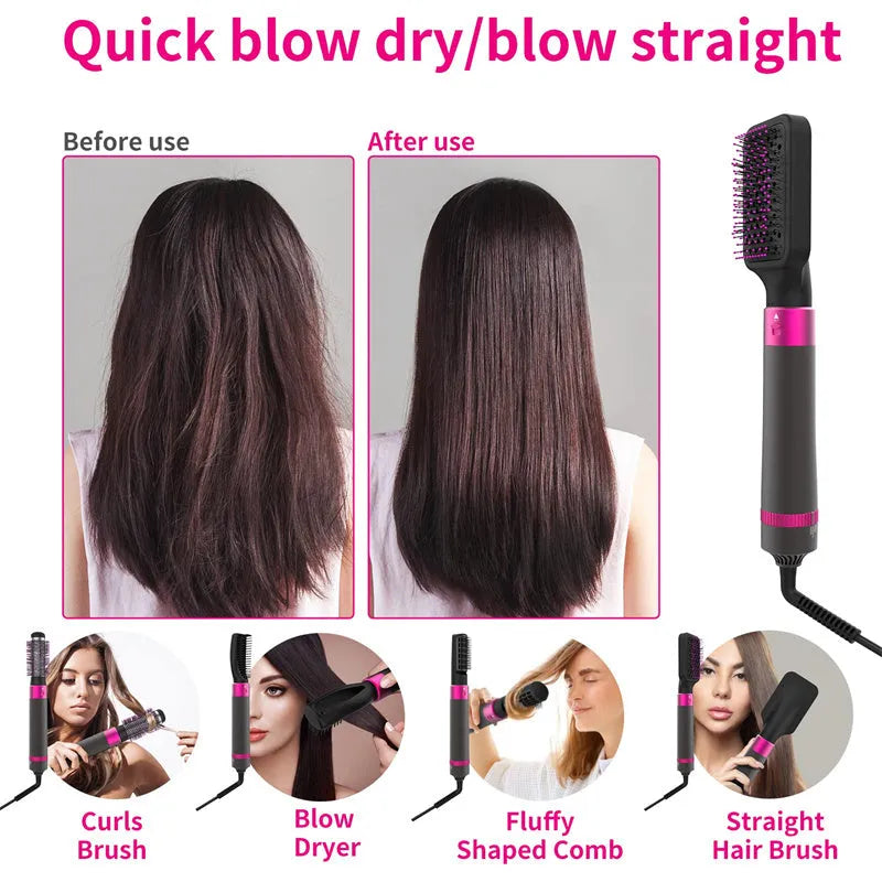 Dyson Grey coloured 5-in-1 hair dryer brush with multiple brush heads displayed beside the main unit.