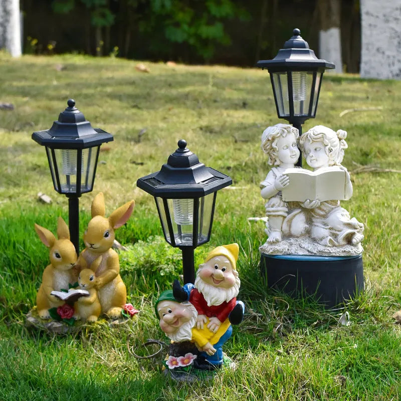 Hexagonal solar garden lamp in synthetic resin with decorative design options