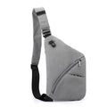 Men's grey oxford cloth chest bag with letter detailing worn on right shoulder