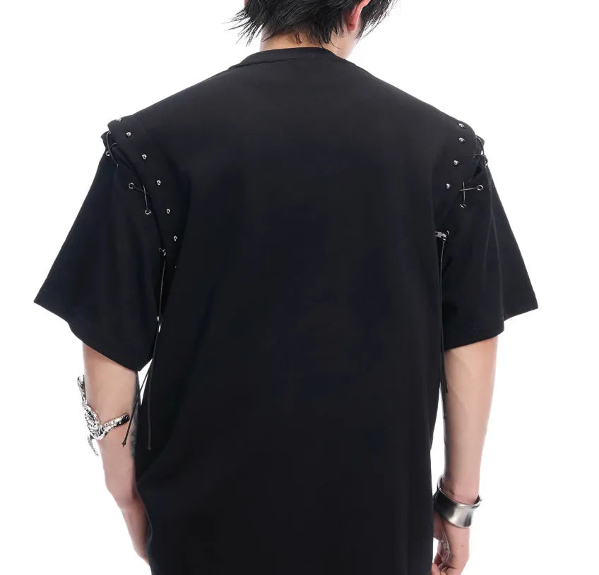 Women's black short sleeve t-shirt with a lace-up cutout design detail on the front