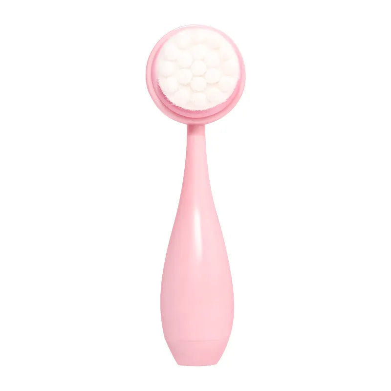 Keep dry facial brush set with plastic handle, coral fleece hair band, and stack of purple and pink face wash sponge suits.