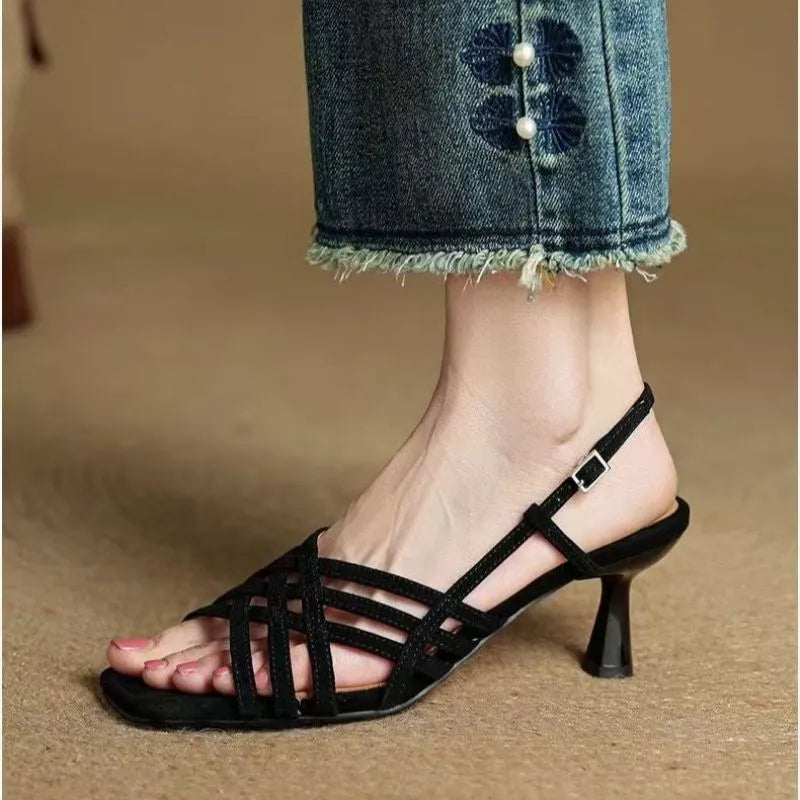 Women's retro thin strap high heel sandals with square toe and ankle buckle in light brown