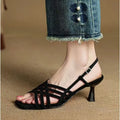 Women's retro thin strap high heel sandals with square toe and ankle buckle in light brown