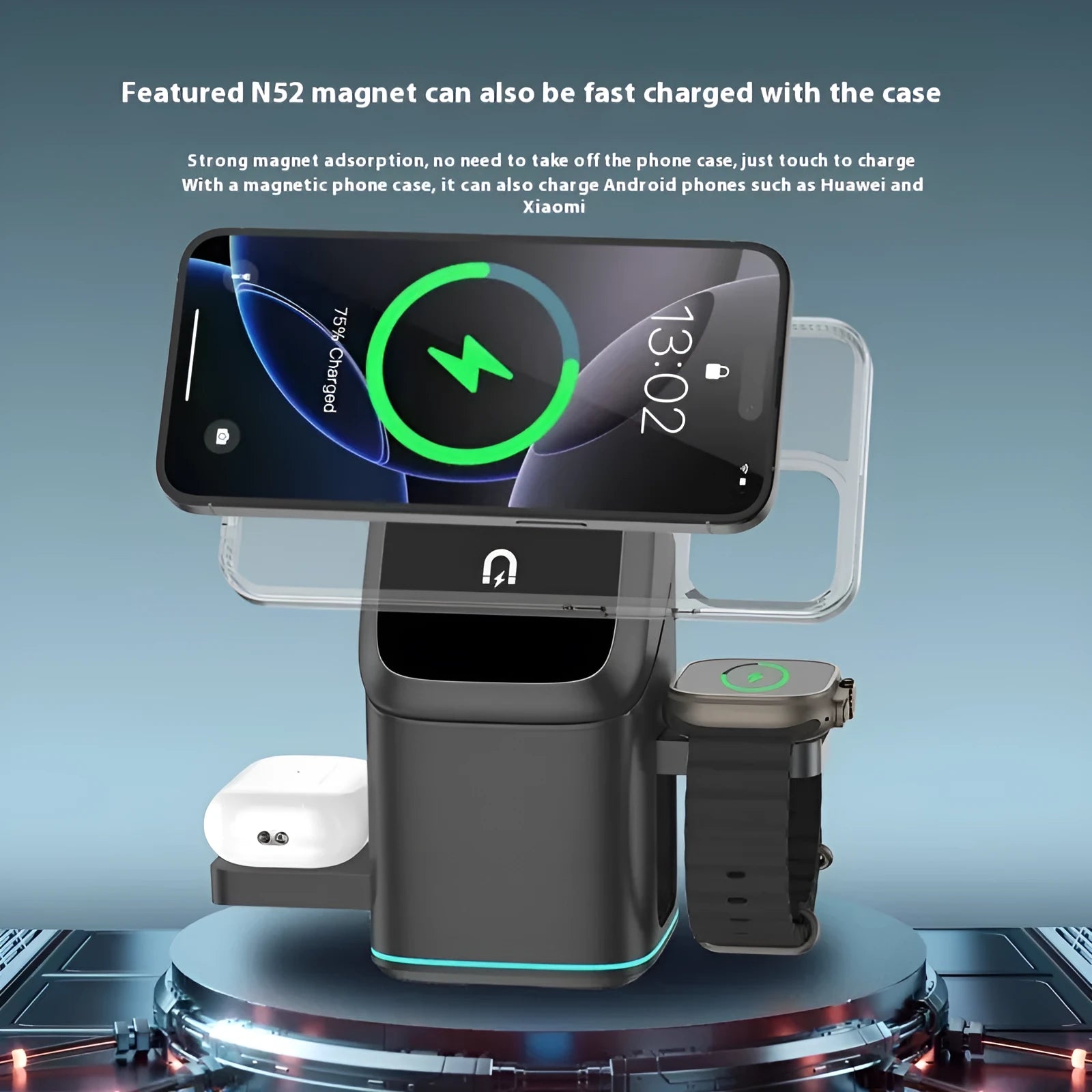 Black magnetic wireless charging stand rotating phone showing Type-C cable connection