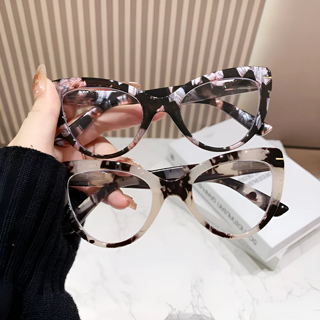 Women's large cat's eye reading glasses with dragon and phoenix decorations on frame in available colours