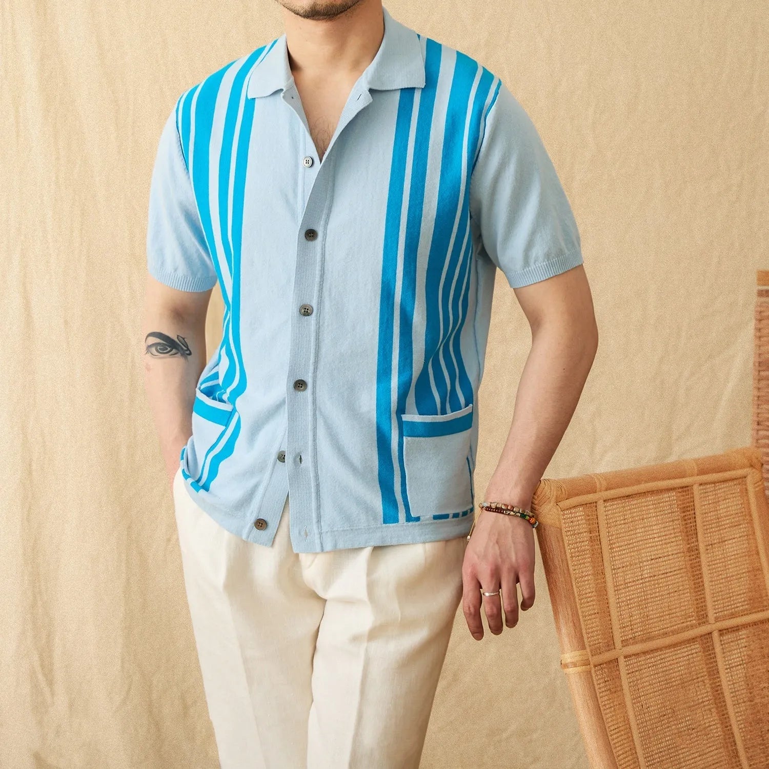 Men's striped knitted polo cardigan with lapel collar in light blue cotton-polyester blend