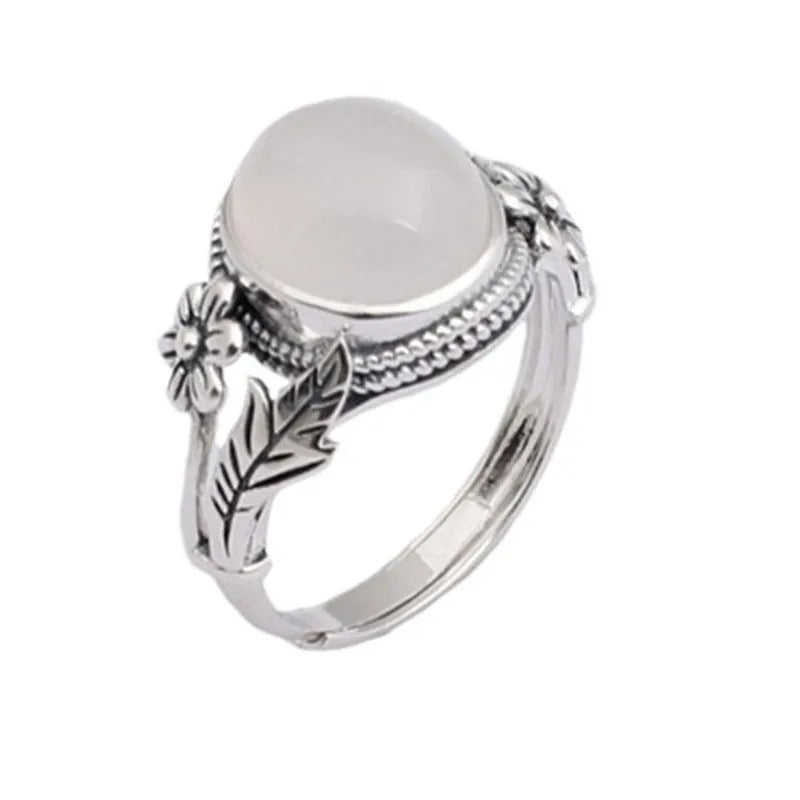 Adjustable copper vintage ring with white chalcedony style colour and U-shaped open mouth design