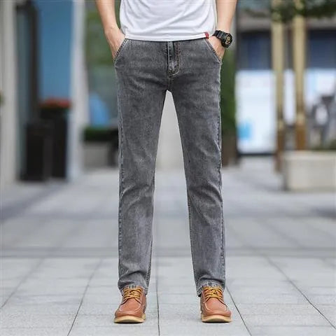 Men's smoky grey rabbit fur jeans with straight cut and low waist design