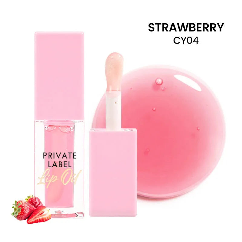 Six transparent lip gloss tubes in fruity flavours: bird of paradise, cherry, coral, mango, strawberry, watermelon