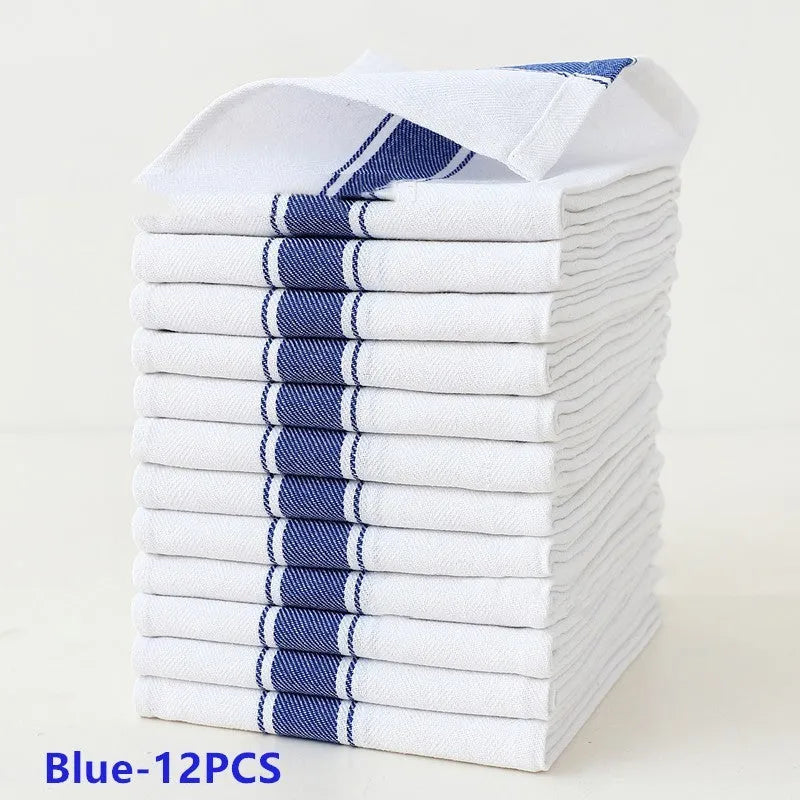 A pack of 12 striped polyester cotton blend kitchen dish towels in assorted colours, showing 48x70 cm size.