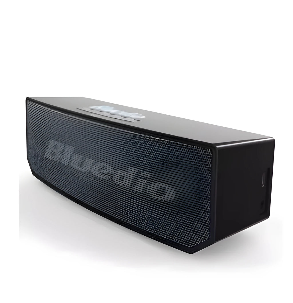 Black rectangular BS-6 Bluetooth speaker showing front speaker grill and control buttons