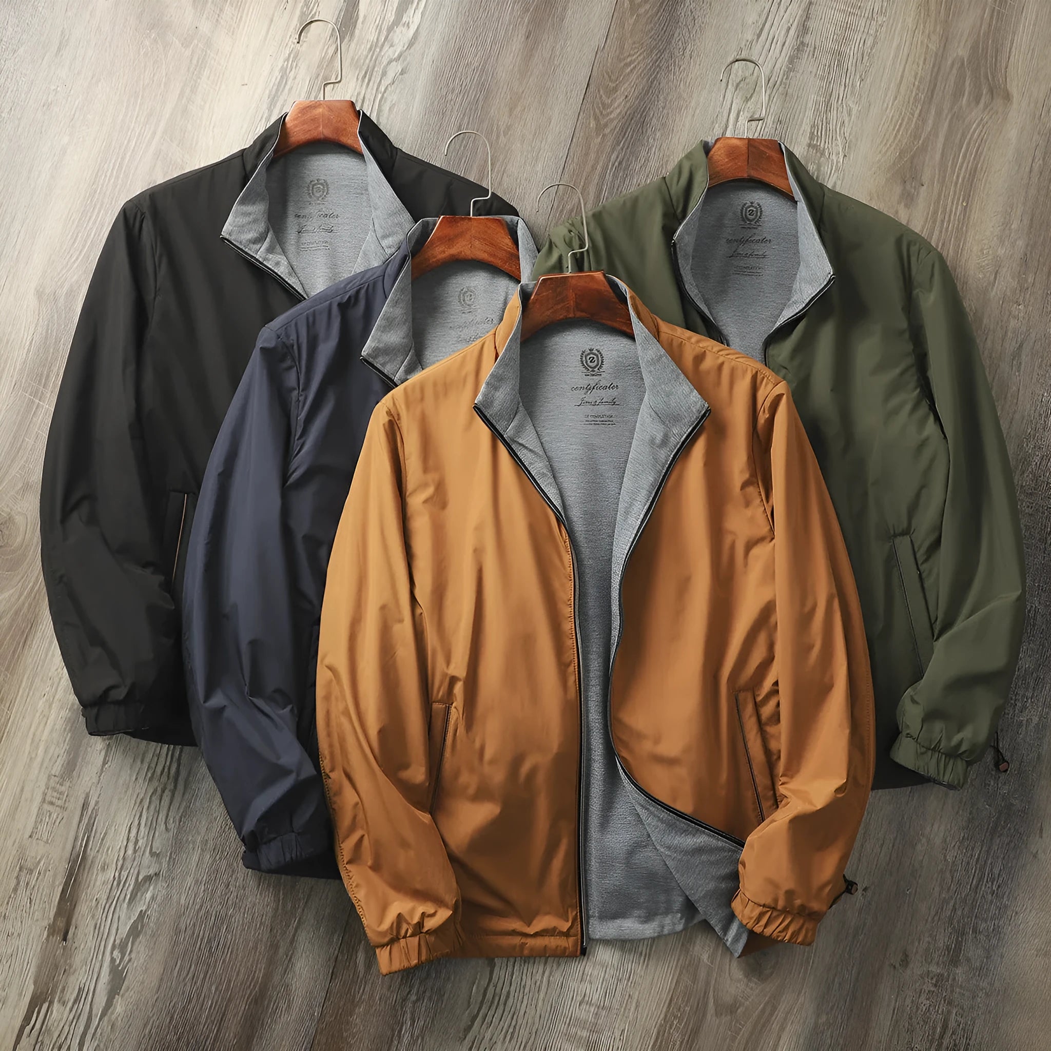 Men's stand collar business casual jacket in polyester cotton blend fabric showing regular fit and standard sleeves
