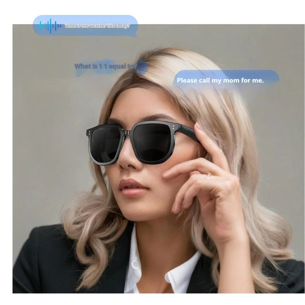 Black AI smart glasses with Bluetooth audio and sunglass lenses featuring touch control operation