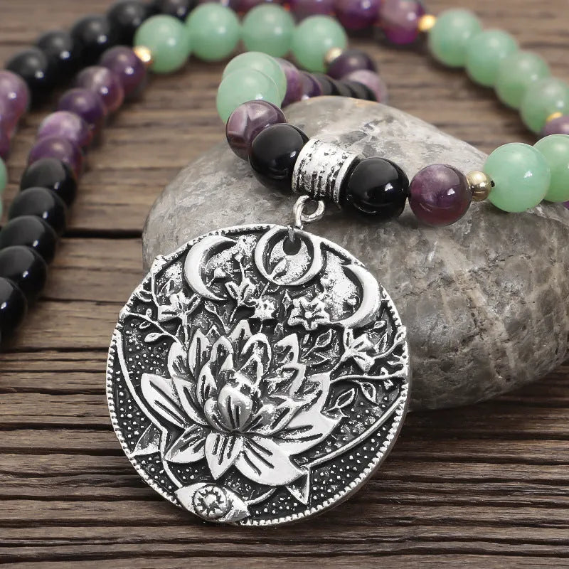 Yoga lotus pendant necklace and matching bracelet set with stone beads and adjustable length
