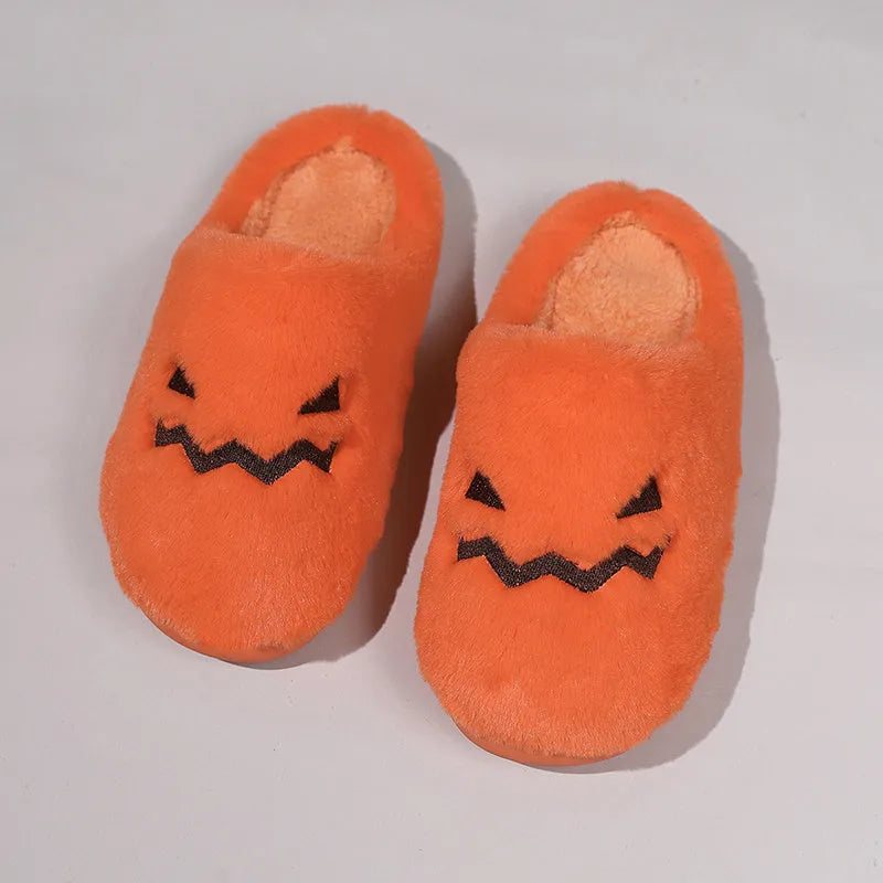 Orange Halloween pumpkin slippers with coral velvet upper and plush lining