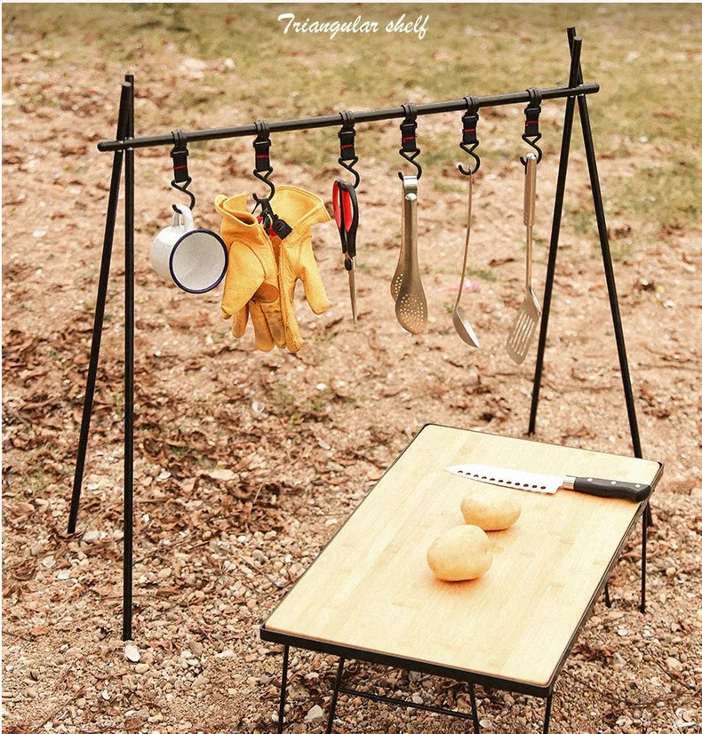 Aluminium alloy foldable camping clothes drying rack with triangular frame and side shelf