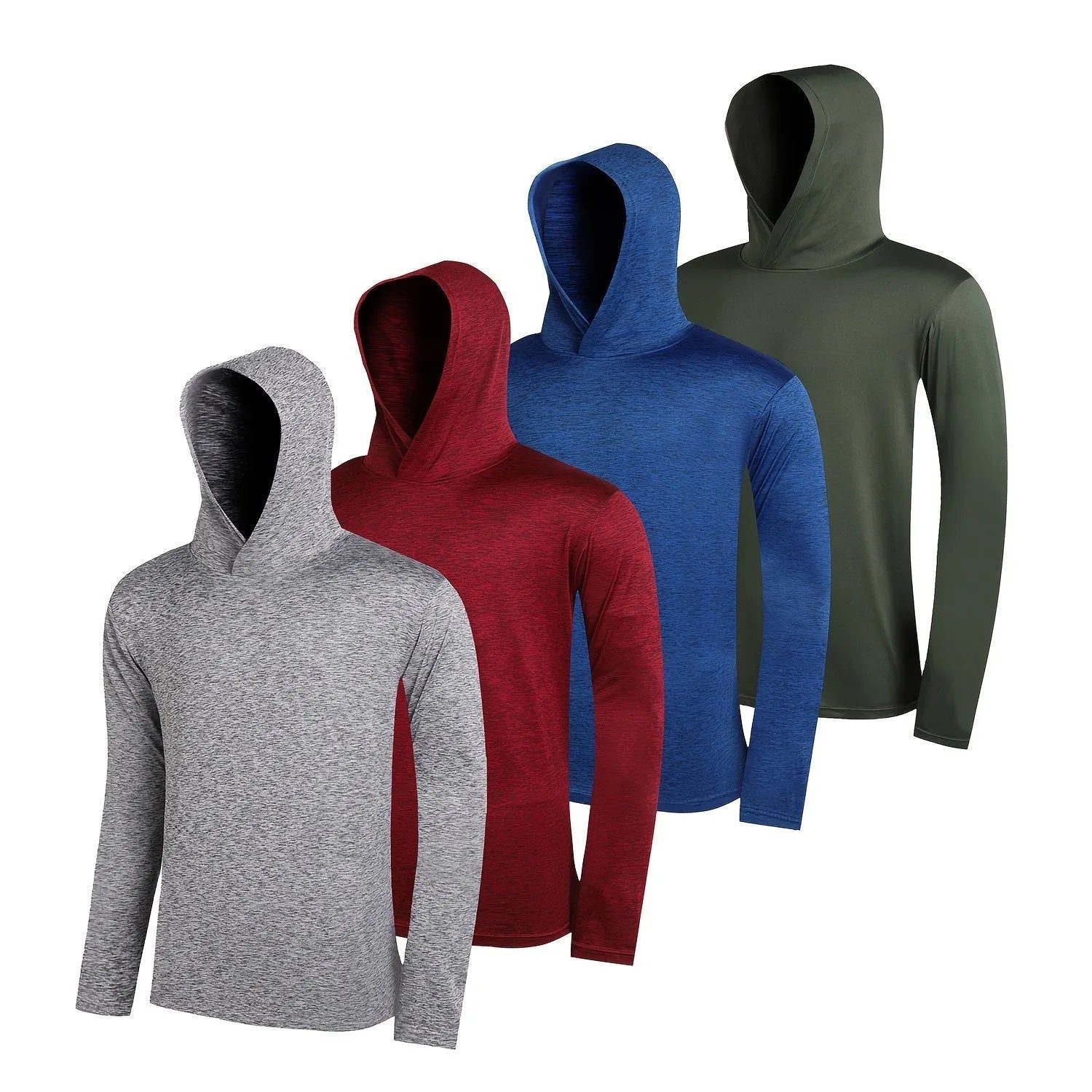 Set of four men's lightweight polyester hoodies on hangers, showing colour options and basic design.