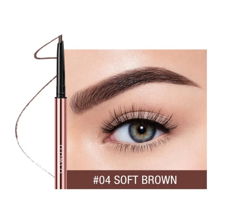 Eyebrow makeup pencil in colour box with six shade options including Auburn and Taupe.