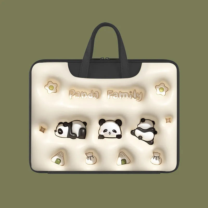 Inflatable PU leather laptop bag with hanging strap shown in a cute panda pattern design.