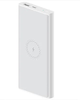 White large capacity 10000mAh power bank with USB port on a wooden table