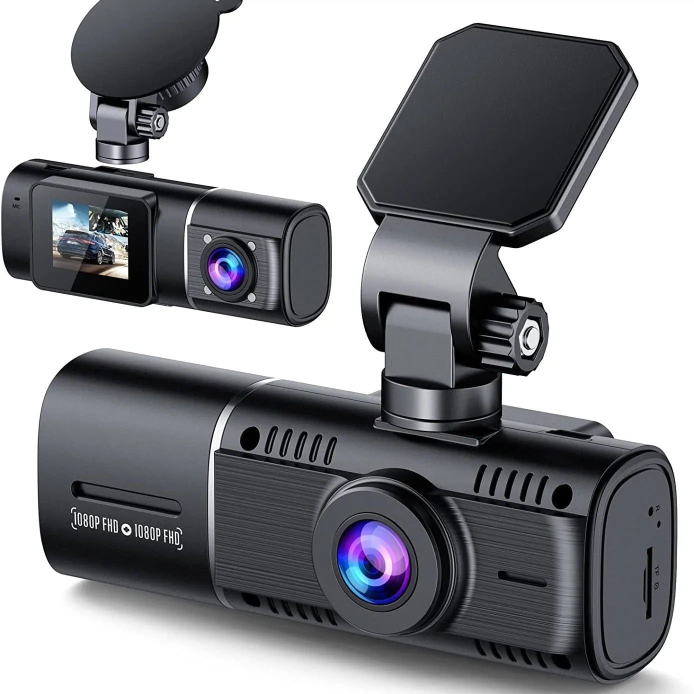 Black dash cam with 1.5-inch screen mounted on car windscreen showing dual camera recording.