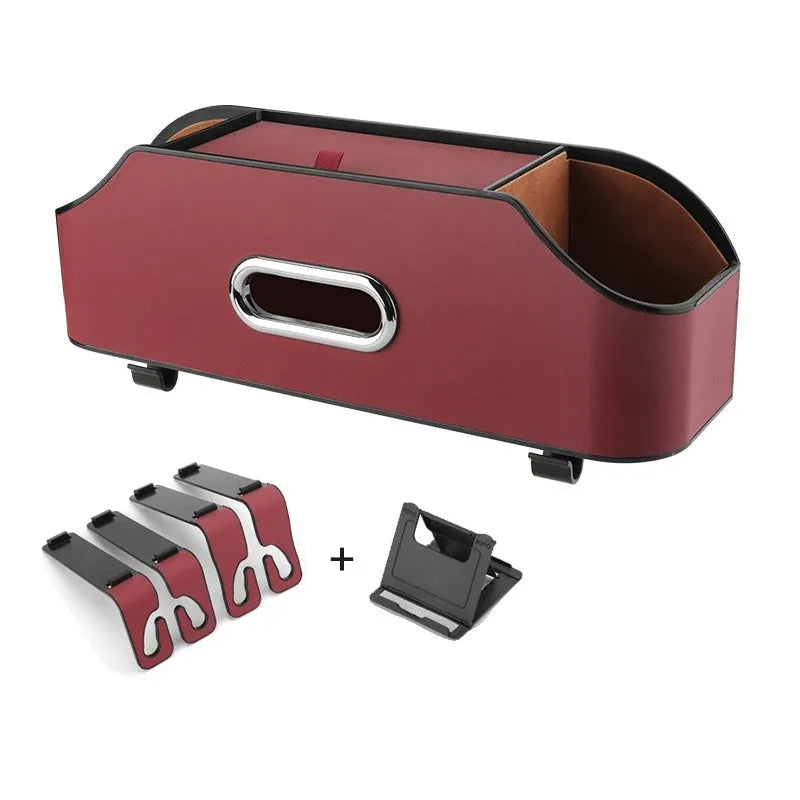 Genuine leather car tissue box holder with cup holder and buggy storage compartments
