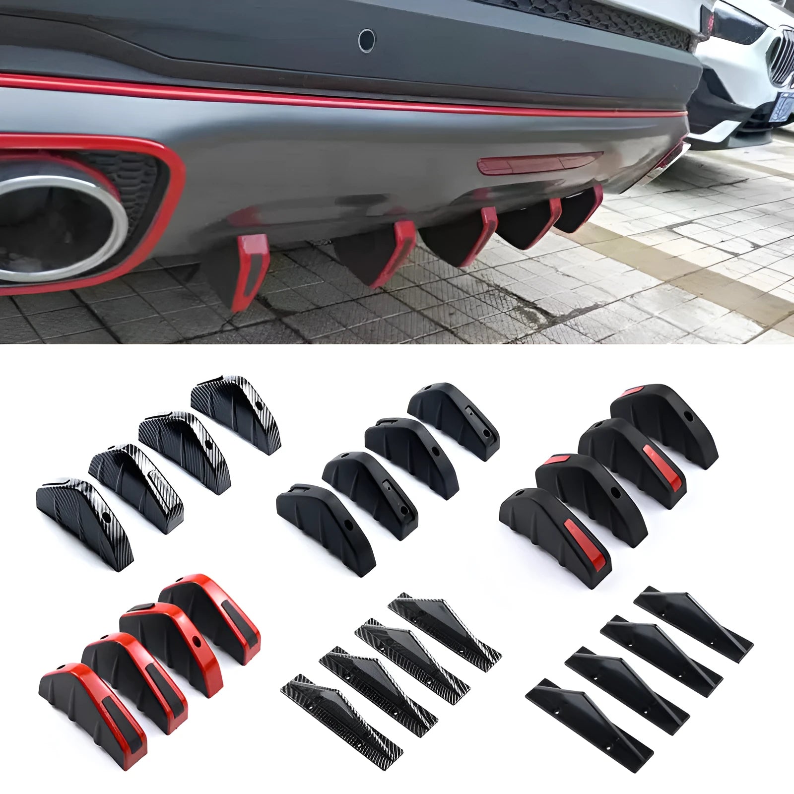 Set of four black ABS plastic triangle rear spoilers for car bumper, measuring 15cm wide, with screws and adhesive tape.