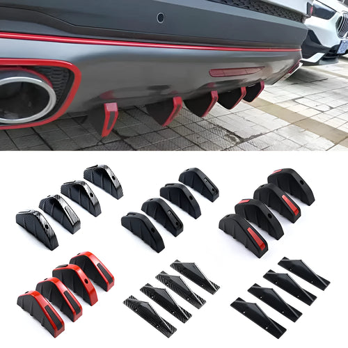Set of four black ABS plastic triangle rear spoilers for car bumper, measuring 15cm wide, with screws and adhesive tape.