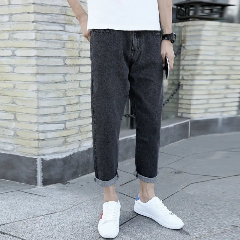 Men's black and blue loose straight harem jeans with light straight leg opening