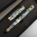 Deep bath green metal fountain pen showing fine, medium and graphic tip options