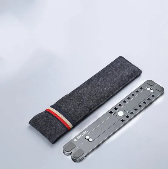 Foldable aluminium laptop stand in silver, shown open in use and closed for storage.