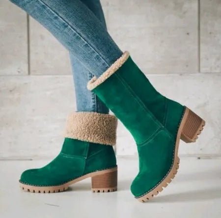 Women's suede mid-tube snow boots with a thick low heel in various colours