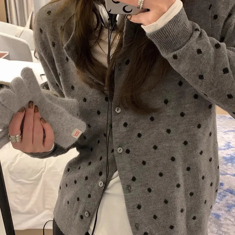 Women's grey dot crochet knitted cardigan with long sleeves and loose fit