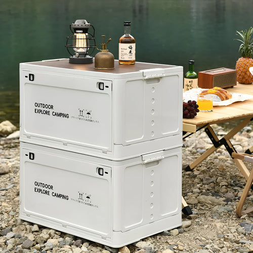 Large white plastic storage box with wooden lid for household organisation